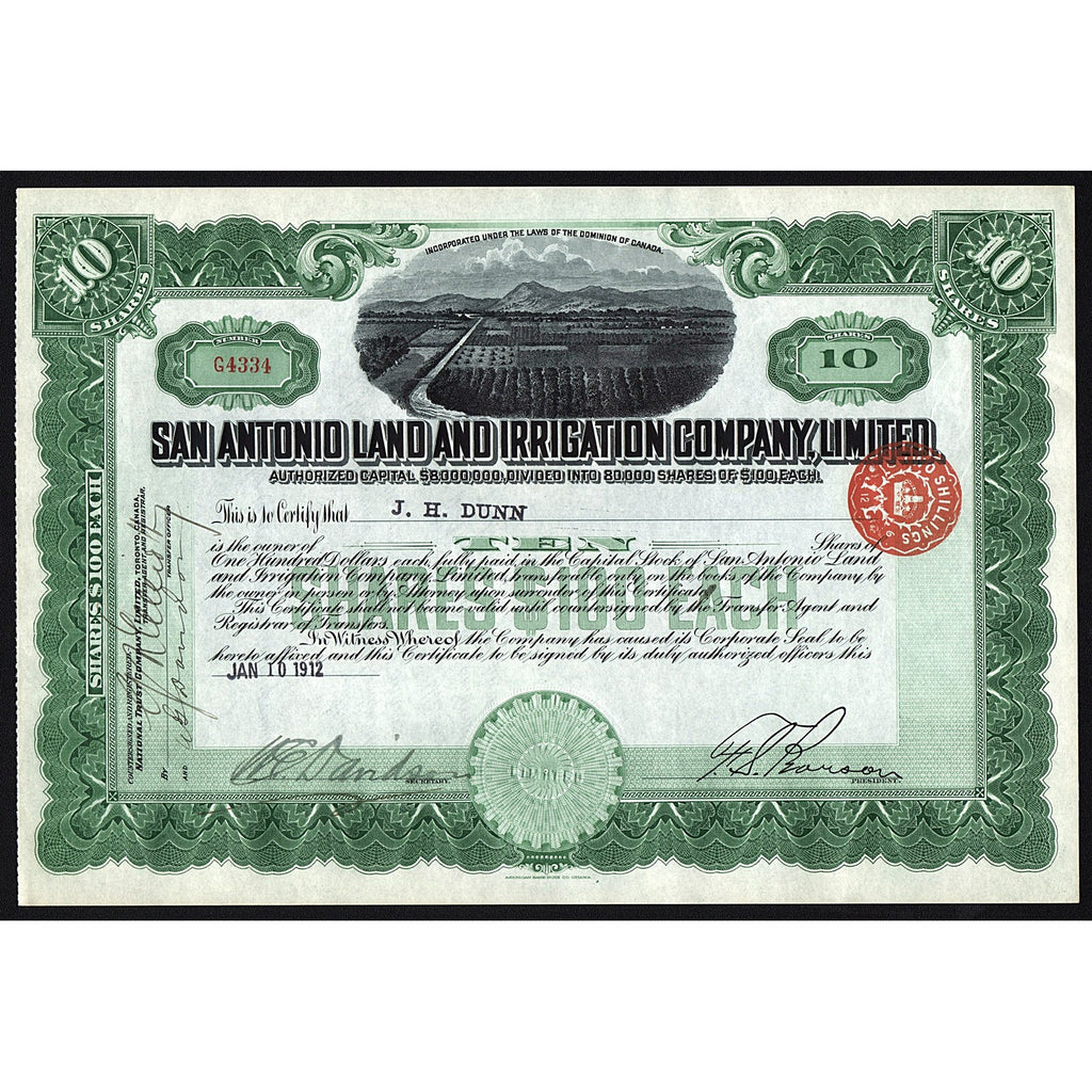 San Antonio Land and Irrigation Company, Limited Stock Certificate