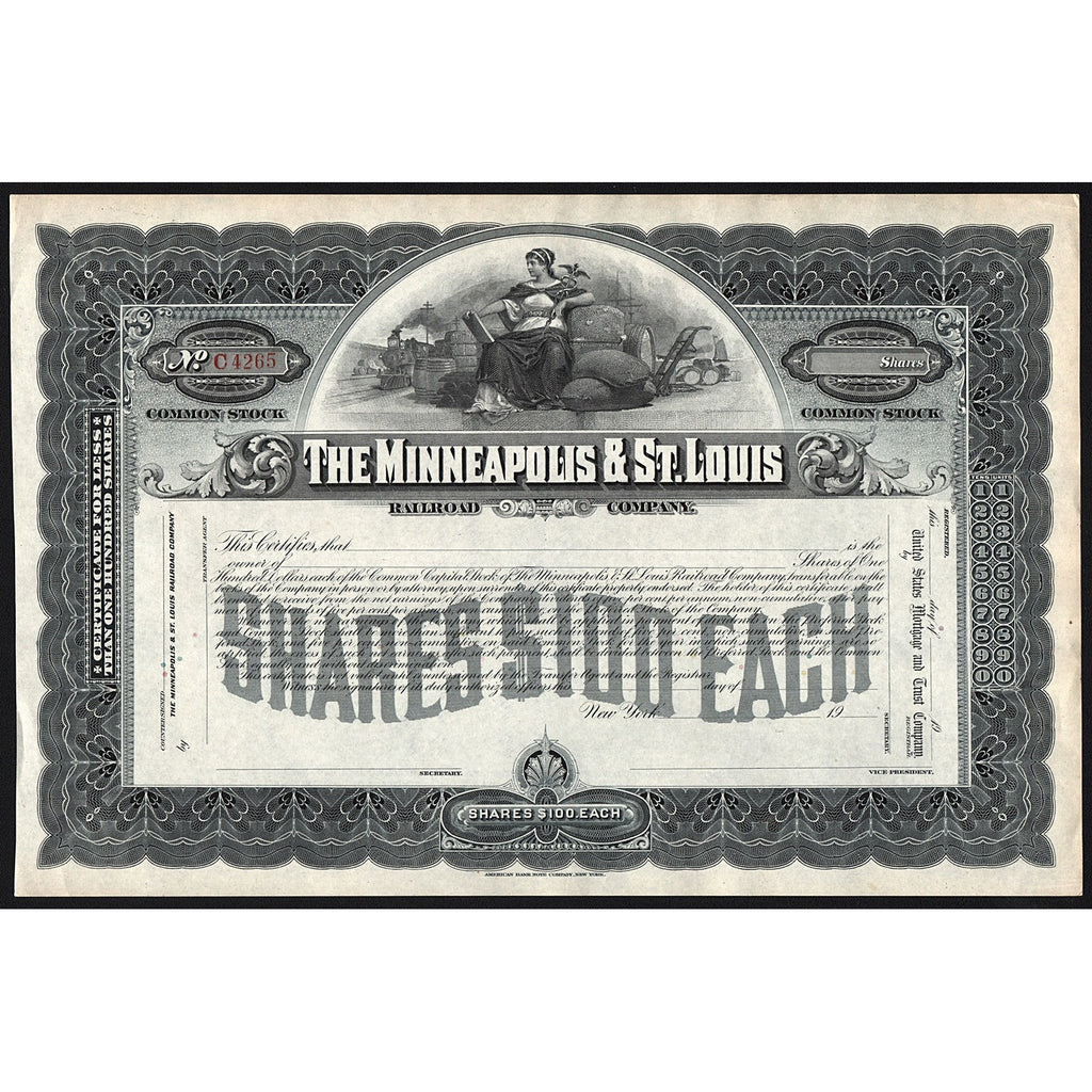 The Minneapolis & St. Louis Railroad Company Iowa Stock Certificate