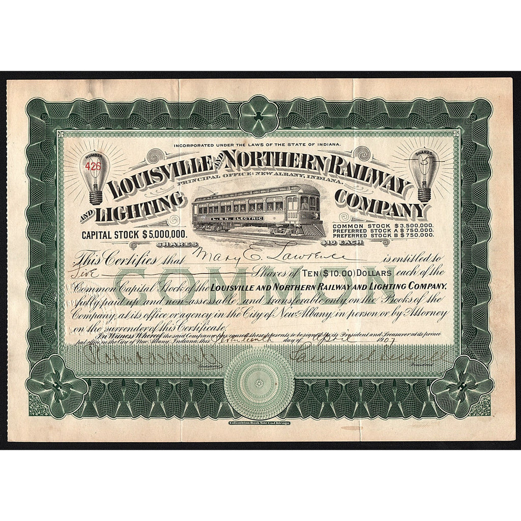 Louisville and Northern Railway and Lighting Company (Samuel Insull) Stock Certificate