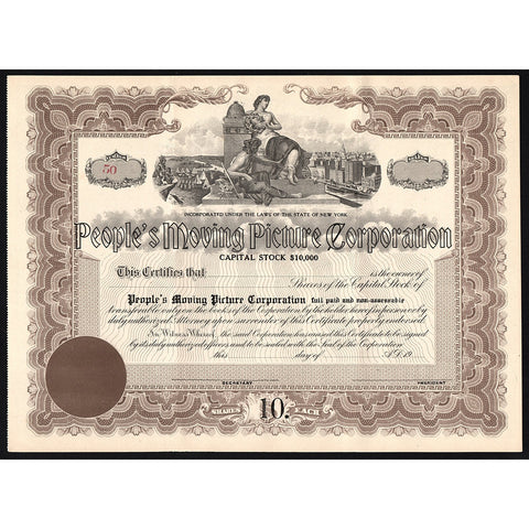 People's Moving Picture Corporation Stock Certificate New York