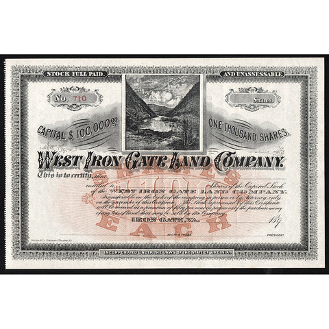 West Iron Gate Land Company Virginia Stock Certificate