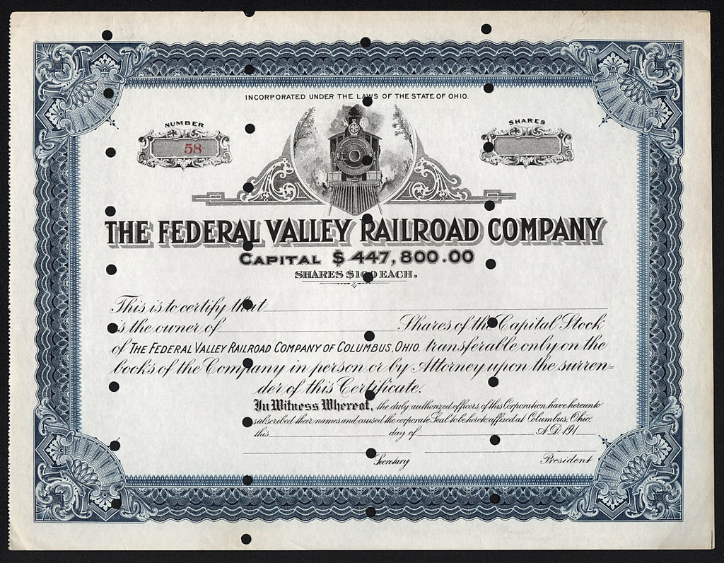 The Federal Valley Railroad Company of Columbus Ohio Stock Certificate