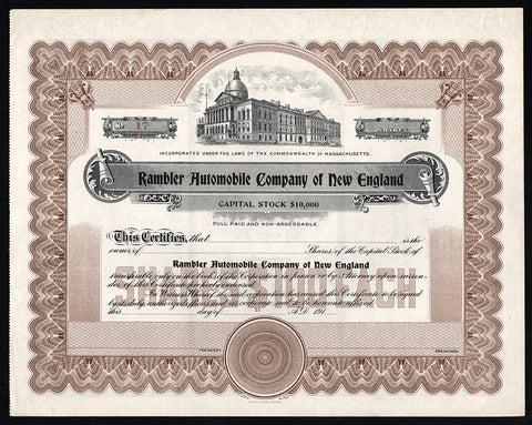 Rambler Automobile Company of New England Stock Certificate