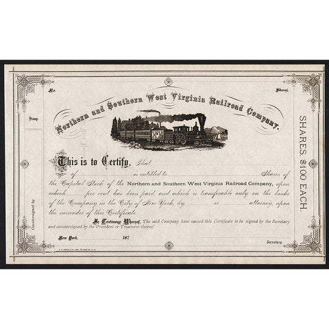 Northern and Southern West Virginia Railroad Company Stock Certificate