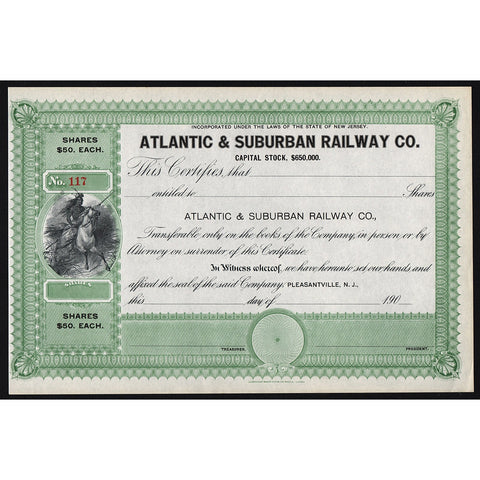 Atlantic & Suburban Railway Co. Pleasantville, NJ Stock Certificate