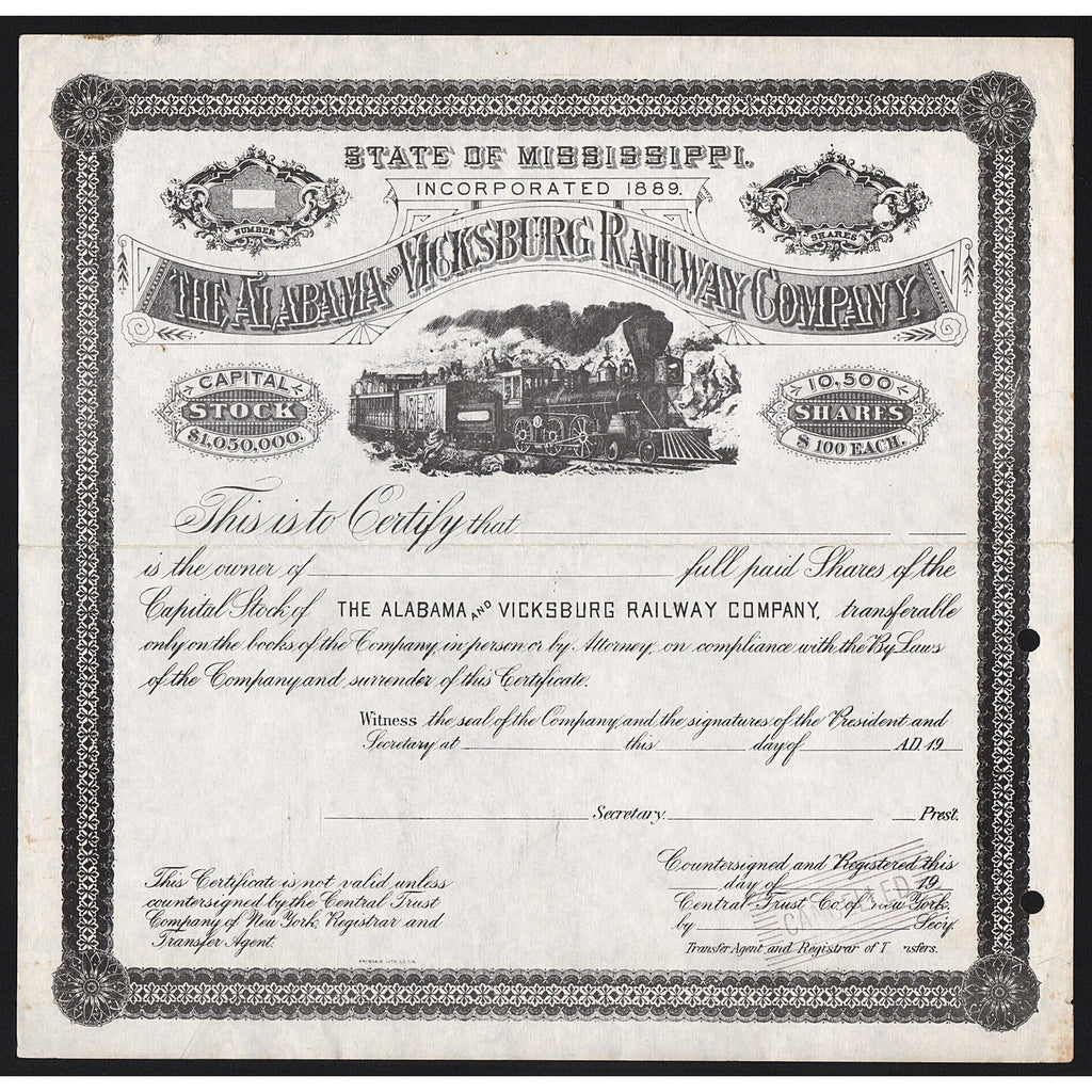 The Alabama and Vicksburg Railway Company Stock Certificate