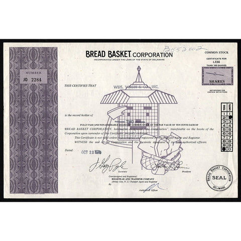 Bread Basket Corporation Stock Certificate