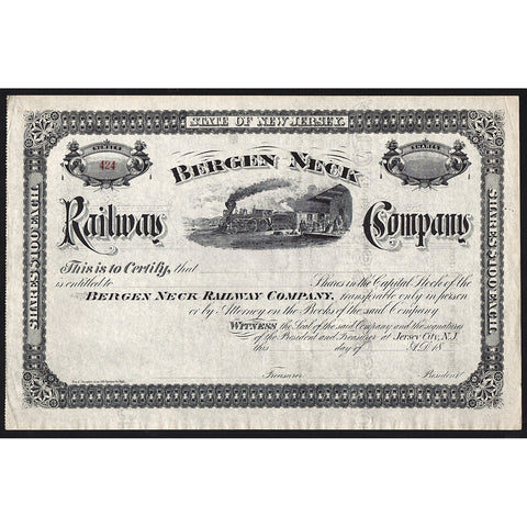 Bergen Neck Railway Company New Jersey Stock Certificate
