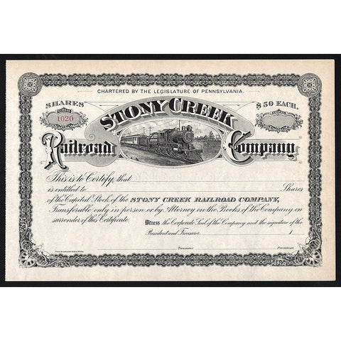 Stony Creek Railroad Company Pennsylvania Stock Certificate