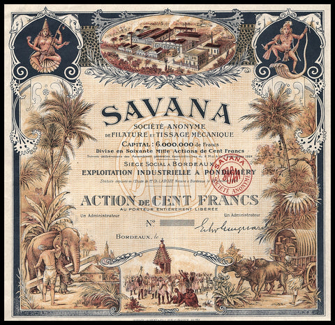Savana Pondichery India 1924 Stock Certificate