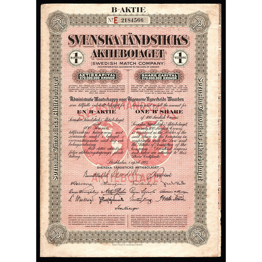 Svenska Tändsticks Swedish Match Company 1927 Sweden Stock Certificate