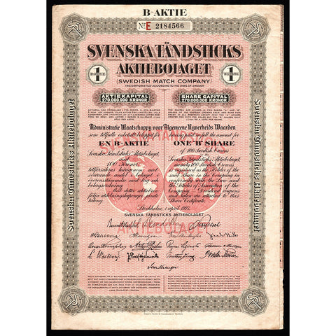 Svenska Tändsticks Swedish Match Company 1927 Sweden Stock Certificate