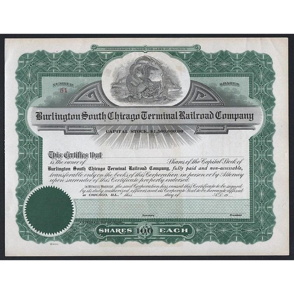 Burlington South Chicago Terminal Railroad Company Stock Certificate