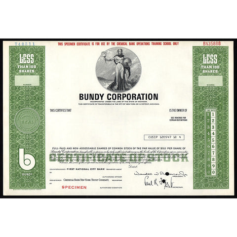 Bundy Corporation Stock Certificate Specimen