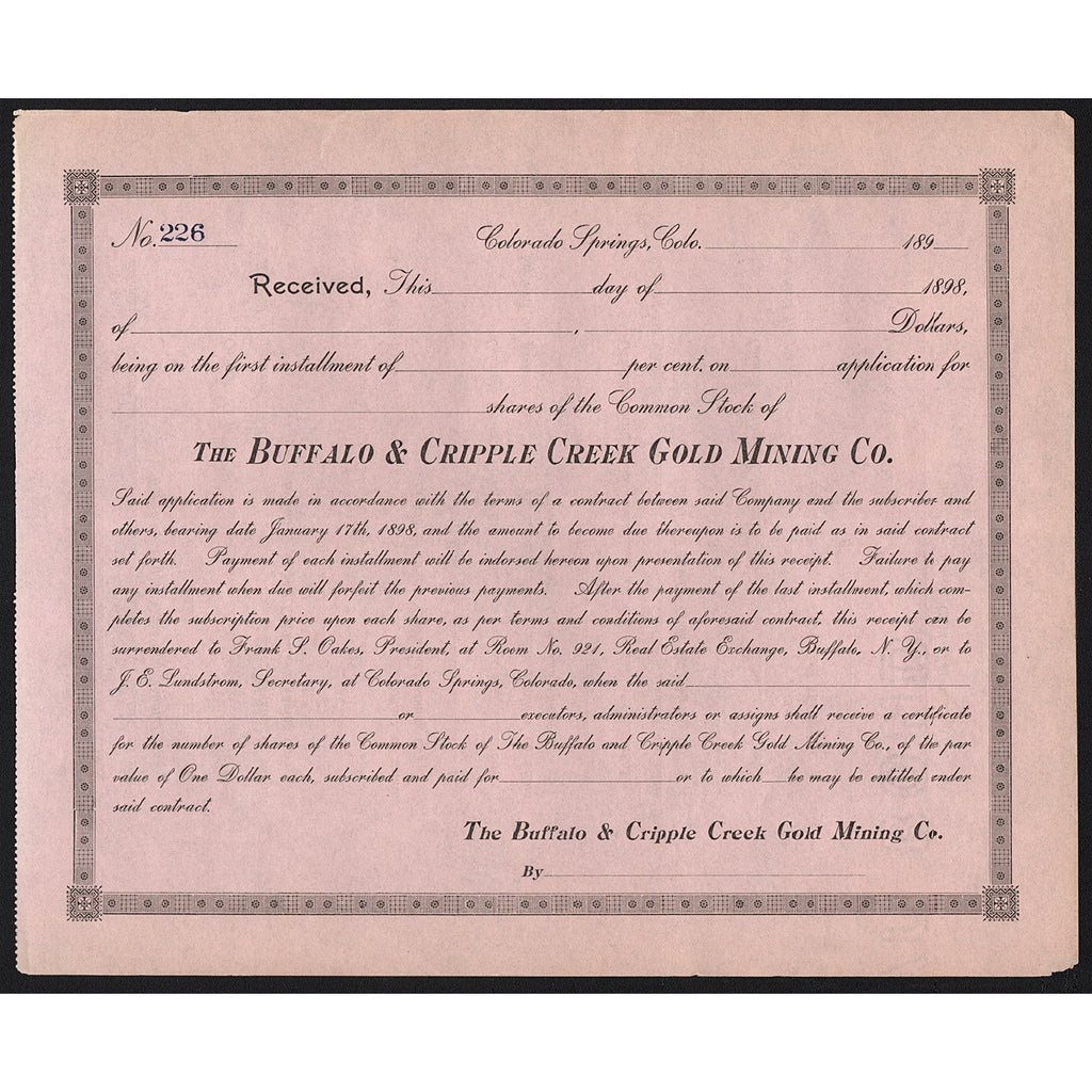 The Buffalo & Cripple Creek Gold Mining Co. Colorado Stock Certificate