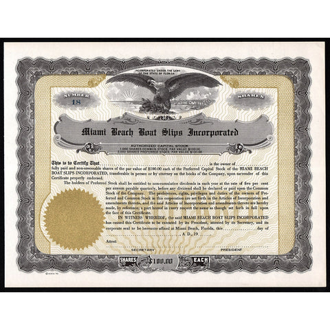 Miami Beach Boat Slips Incorporated Florida Stock Certificate