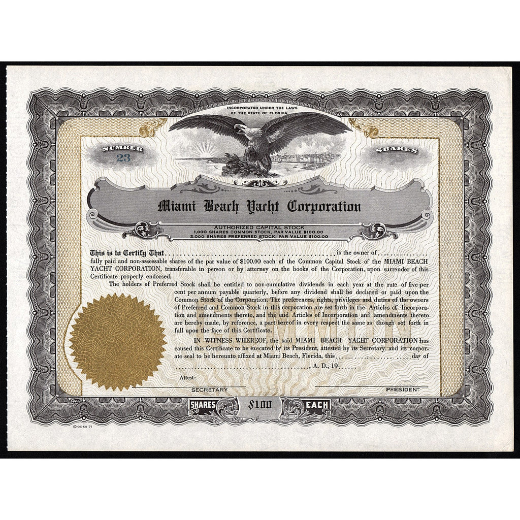 Miami Beach Yacht Corporation Florida Stock Certificate