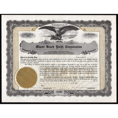 Miami Beach Yacht Corporation Florida Stock Certificate