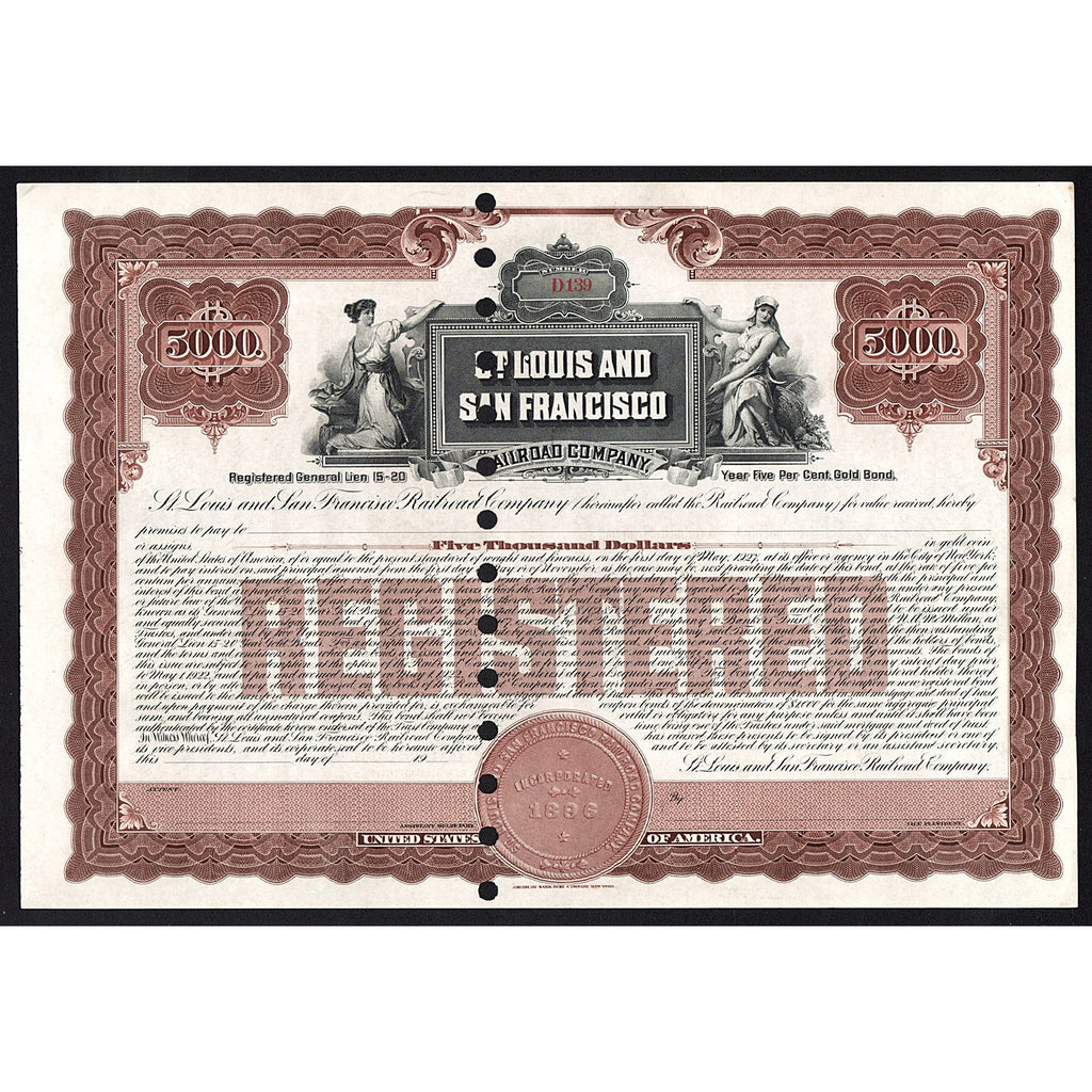 St. Louis and San Francisco Railroad Company - $5000 Gold Bond Certificate