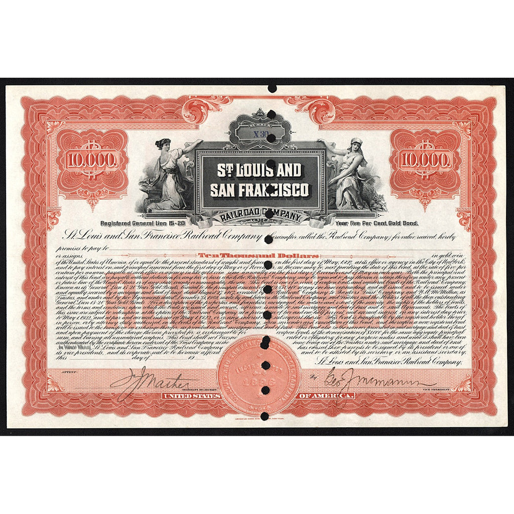 St. Louis and San Francisco Railroad Company - $10,000 Gold Bond Certificate