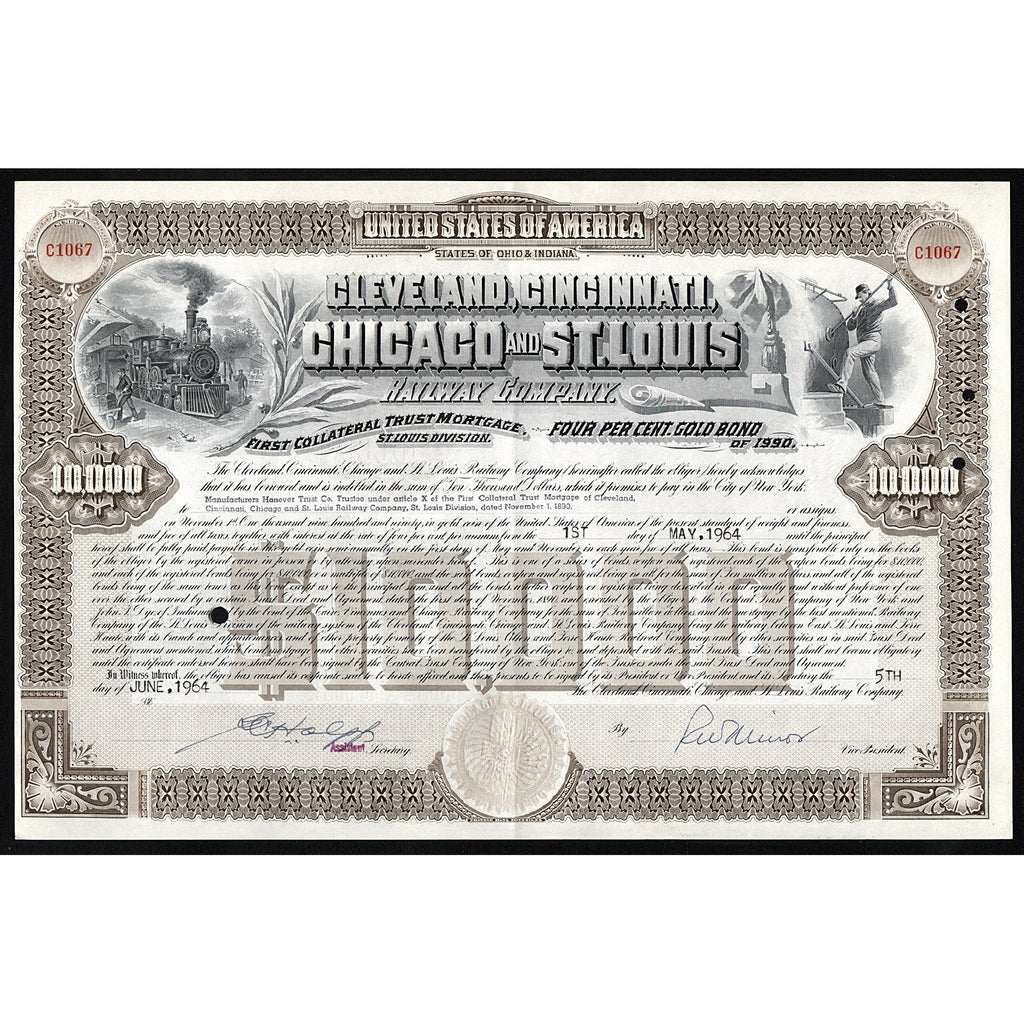 Cleveland, Cincinnati, Chicago and St. Louis Railway $1000 Gold Bond Certificate