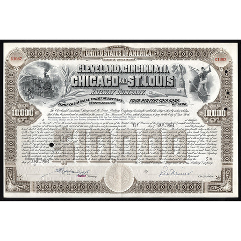 Cleveland, Cincinnati, Chicago and St. Louis Railway $1000 Gold Bond Certificate