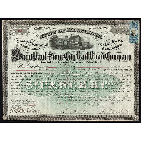 Saint Paul and Sioux City Rail Road Company 1871 Stock Certificate