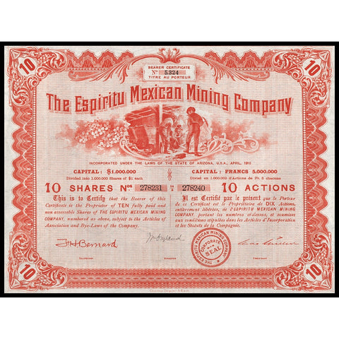 The Espiritu Mexican Mining Company Mexico 1910 Stock Certificate