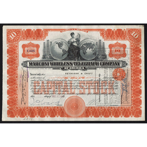 Marconi Wireless Telegraph Company of America Stock Certificate