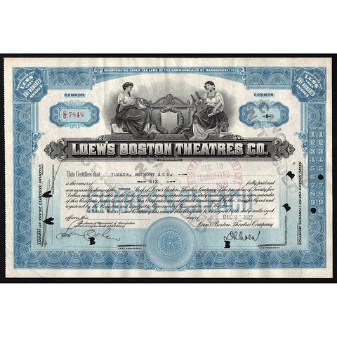 Loew’s Boston Theatres Co. Massachusetts Stock Certificate