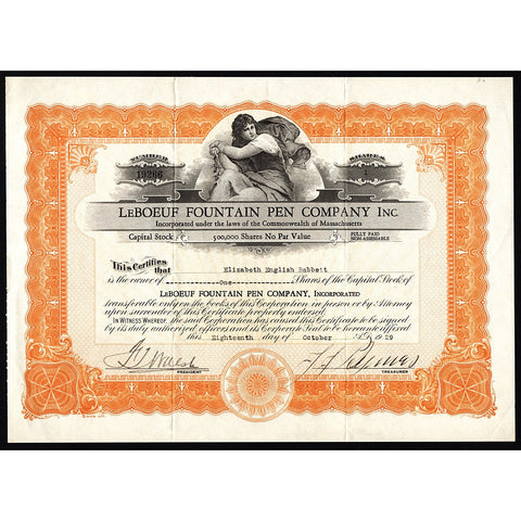 LeBoeuf Fountain Pen Company, Inc. Massachusetts Stock Certificate