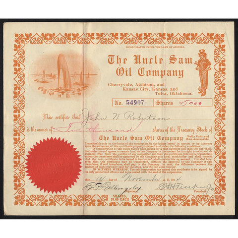 The Uncle Sam Oil Company Arizona Stock Certificate