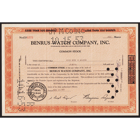 Benrus Watch Company, Inc. Stock Certificate