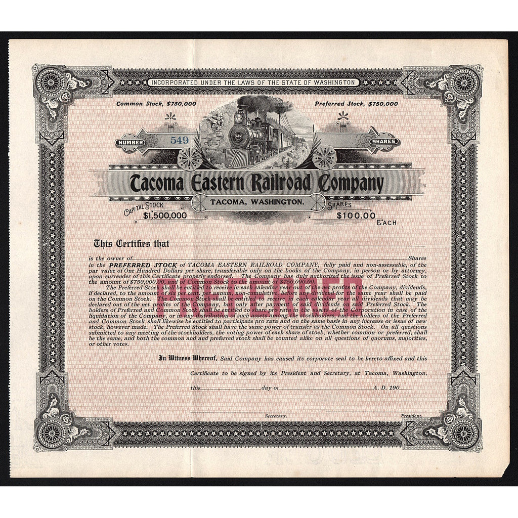 Tacoma Eastern Railroad Company (Tacoma, Washington) Stock Certificate