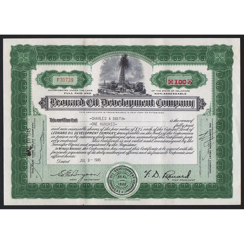 Leonard Oil Development Company Stock Certificate