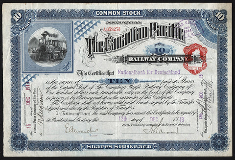 The Canadian Pacific Railway Company 1913 Canada Stock Certificate