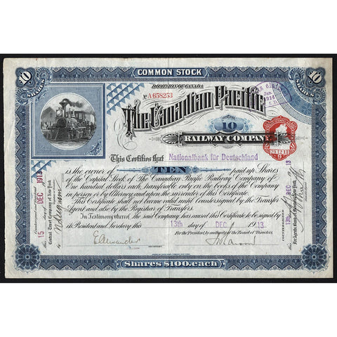 The Canadian Pacific Railway Company 1913 Canada Stock Certificate