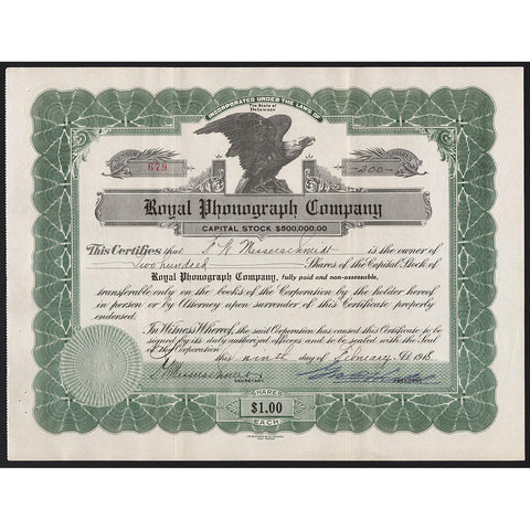 Royal Phonograph Company Stock Certificate