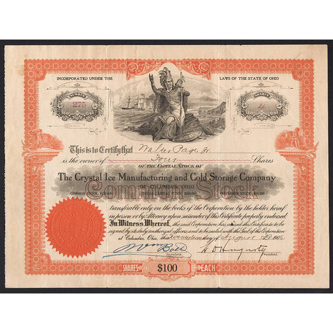 The Crystal Ice Manufacturing and Cold Storage Company Stock Certificate