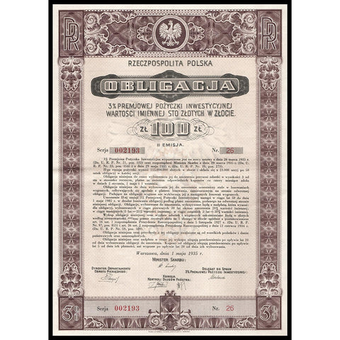 Rzeczpospolita Polska Obligacja 1935 Poland Bond Certificate