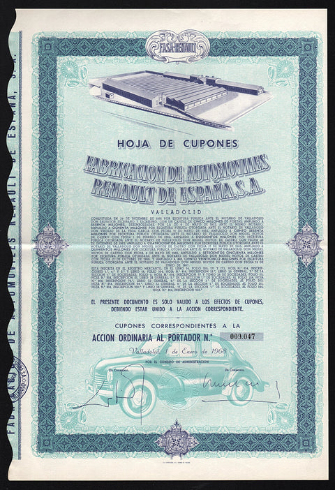 Renault Spain Stock Certificate Automobiles
