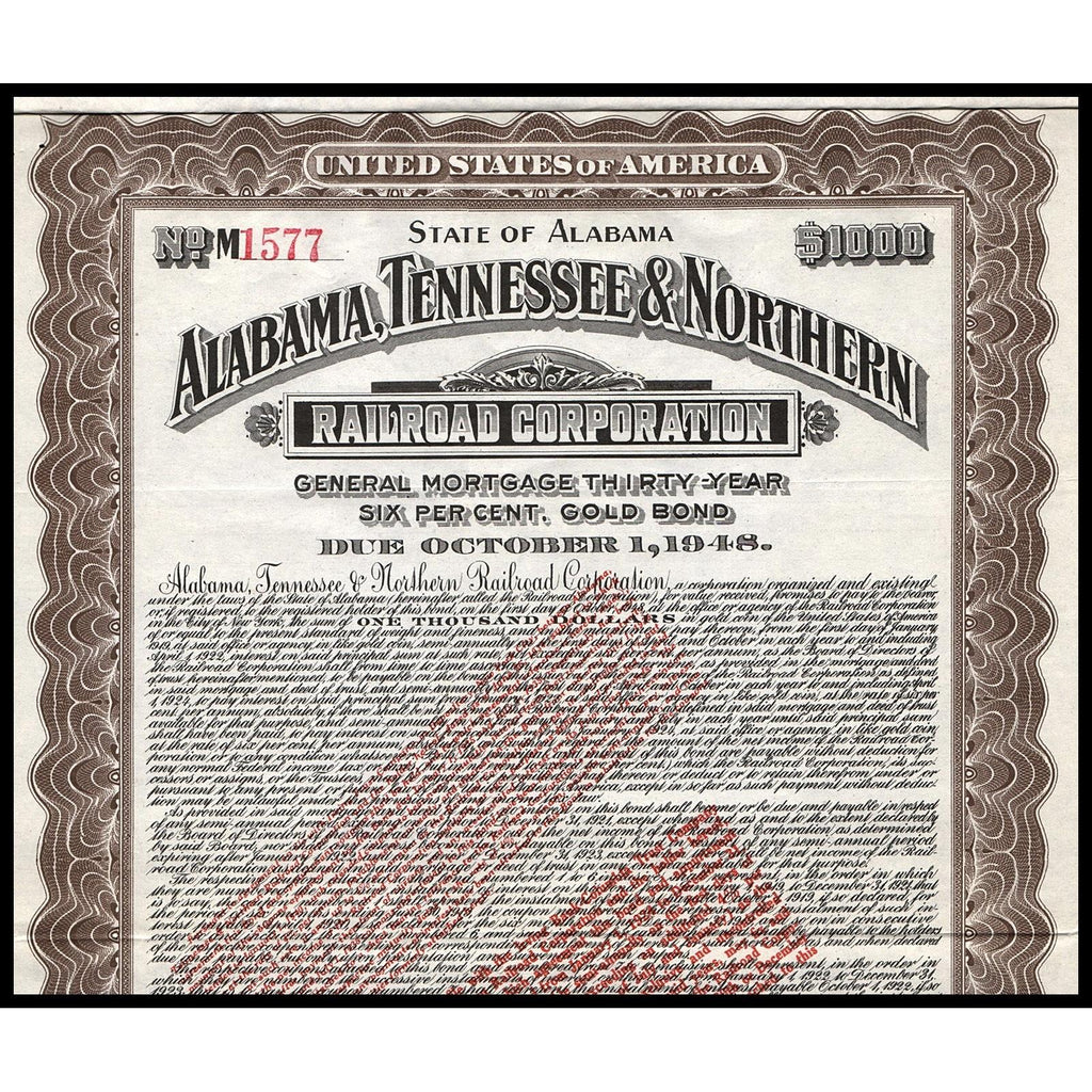 Alabama, Tennessee & Northern Railroad Corporation 1918 Gold Bond