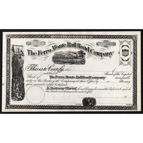 The Ferro Monte RailRoad Company New Jersey Stock Certificate