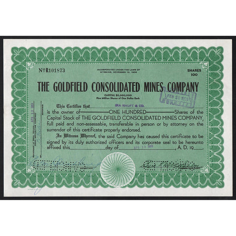 The Goldfield Consolidated Mines Company Wyoming Stock Certificate