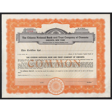 The Citizens National Bank and Trust Company of Oneonta Stock Certificate