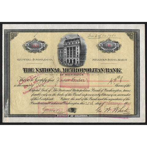 The National Metropolitan Bank of Washington DC 1909 Stock Certificate