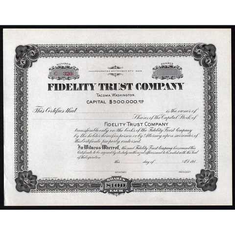 Fidelity Trust Company (Tacoma, Washington) Stock Certificate
