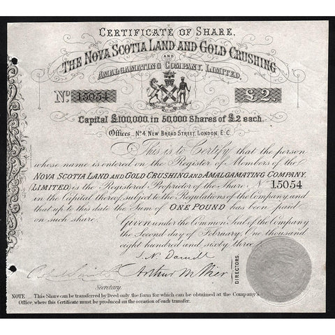 The Nova Scotia Land and Gold Crushing and Amalgamating Company 1863 Stock Certificate