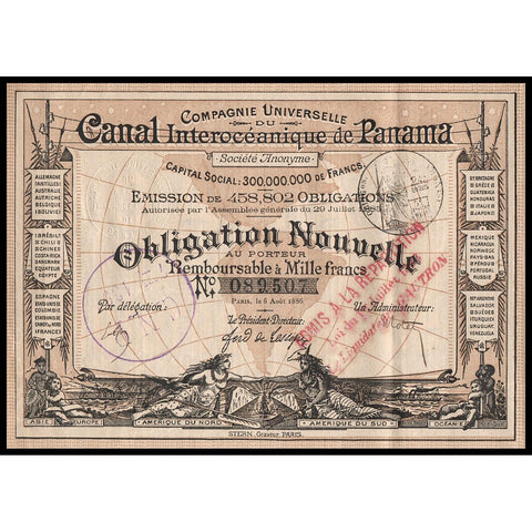 Canal Interoceanique de Panama 1886 Stock Bond Certificate