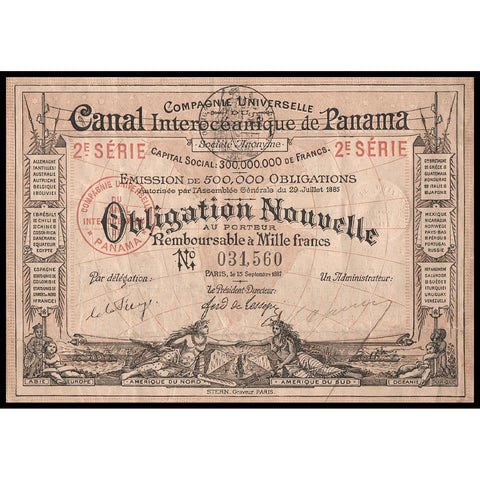Canal Interoceanique de Panama, 2e. Serie 1887 Stock Bond Certificate